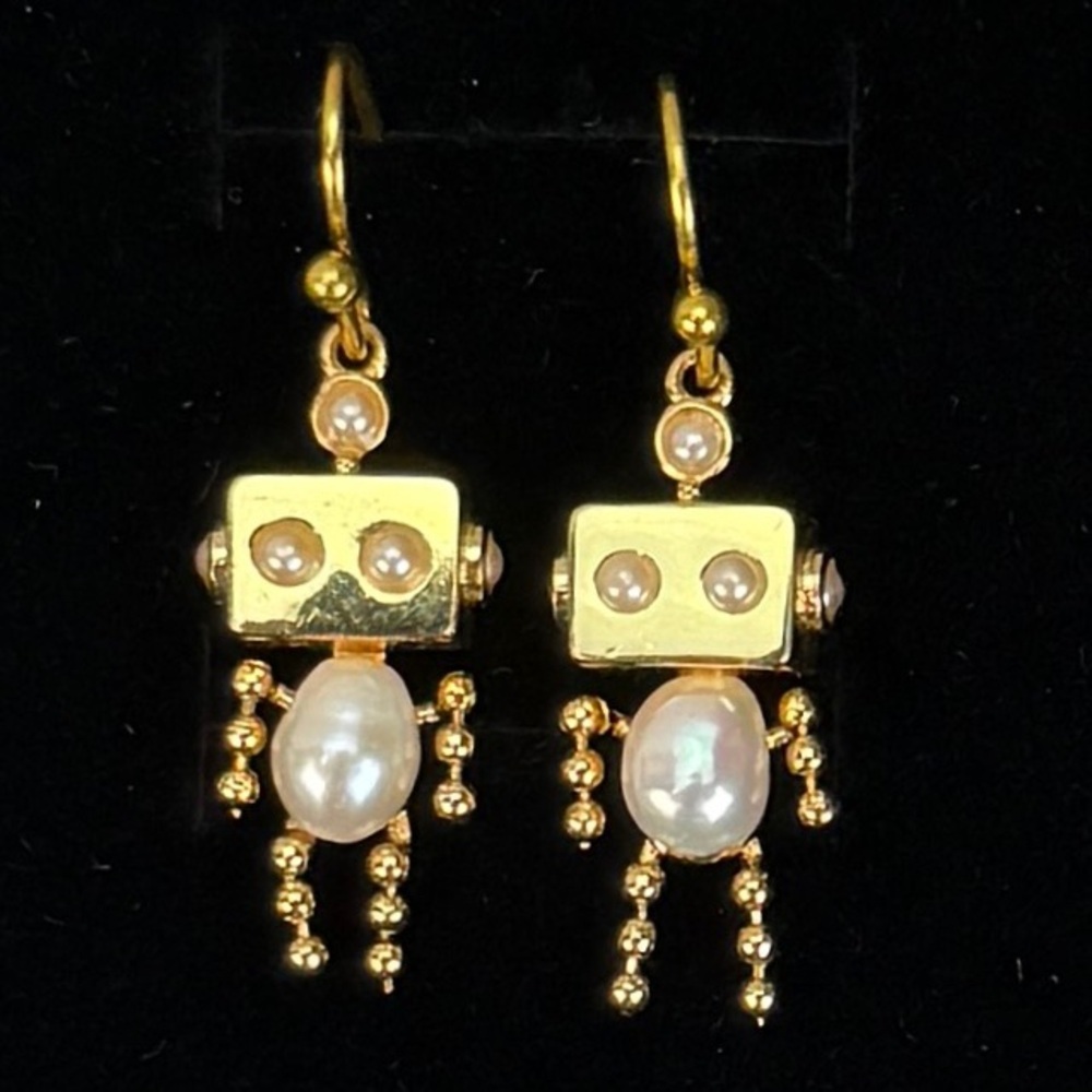 Goldtone Faux Pearl Robot Pierced Earrings